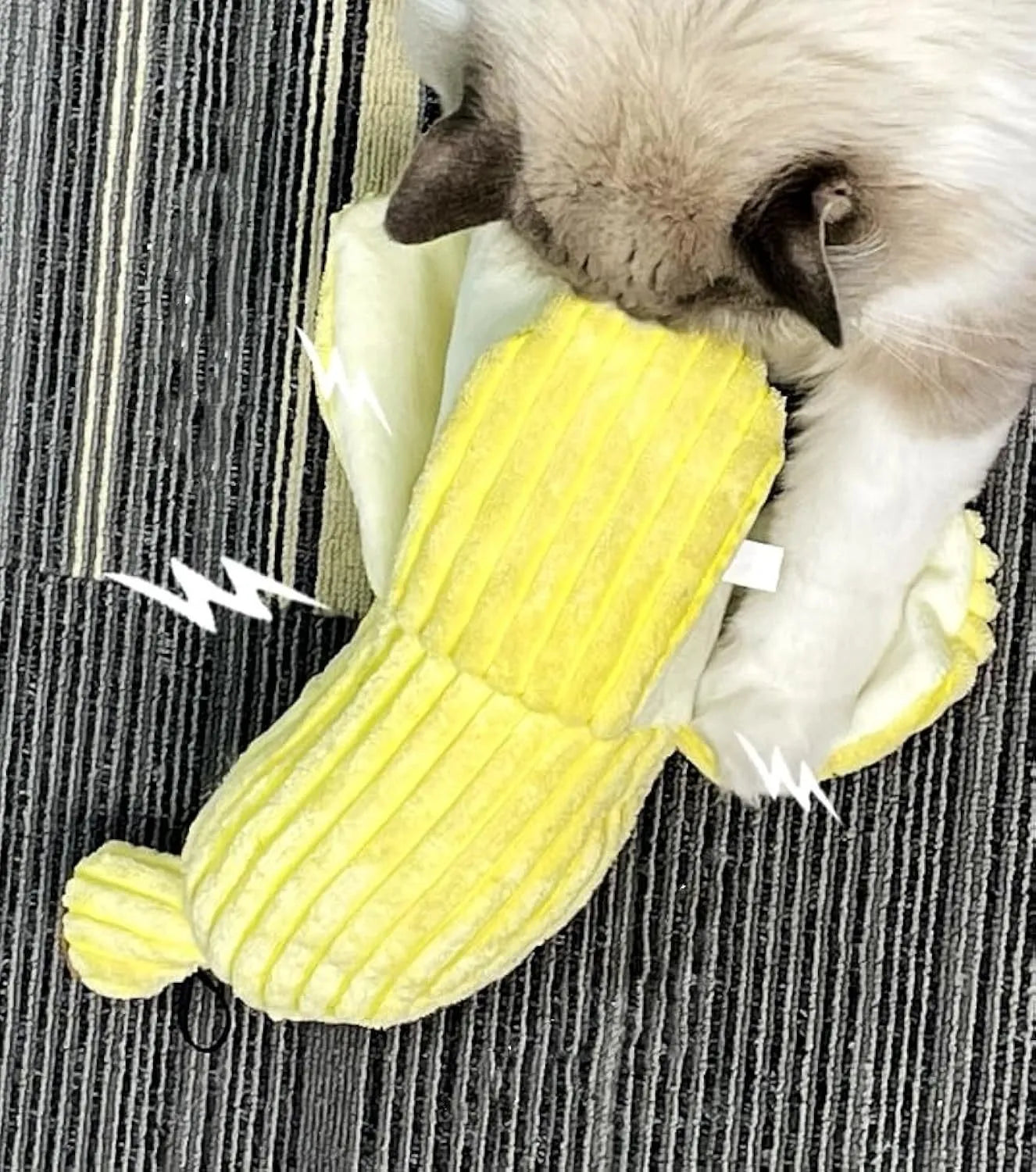 Yellow banana-shaped cat crinkle toy with catnip filling measuring 13 inches long