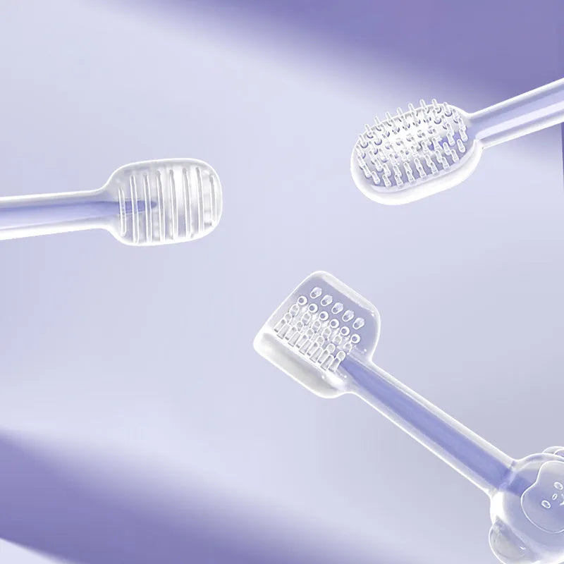 Pet toothbrush with dual silicone bristle heads in purple colour for dog and cat teeth cleaning