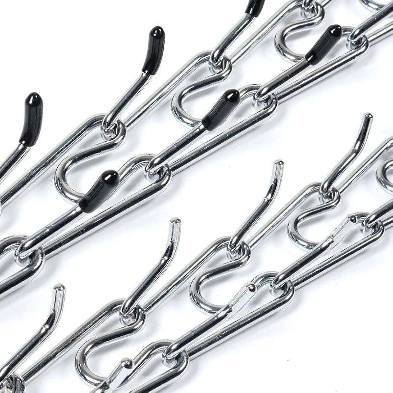 Stainless steel dog pinch training collar with adjustable chain links and black rubber comfort tips on prongs.