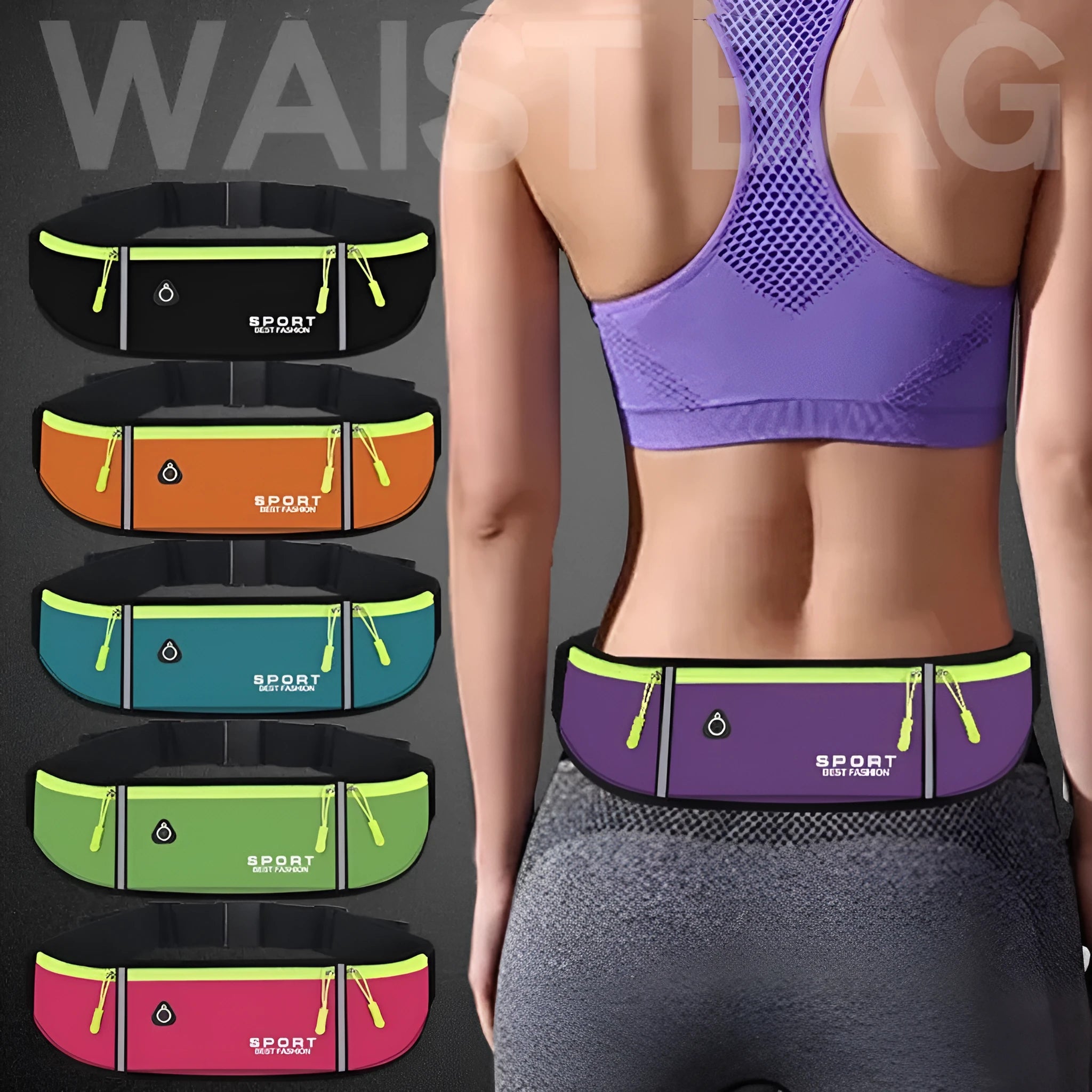 Waterproof running belt in fluorescent green with anti-theft zipper and adjustable waist strap