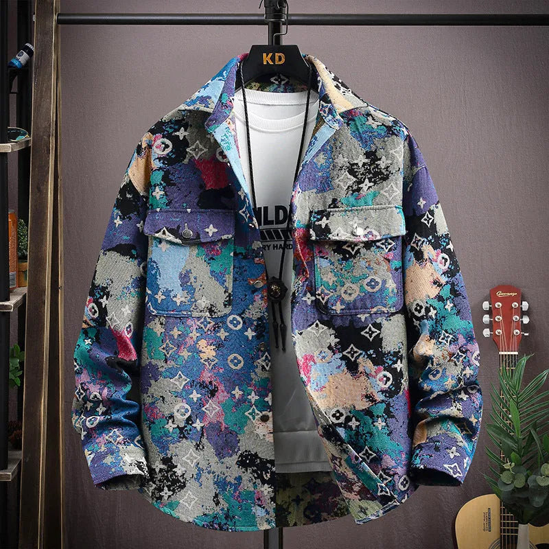 Casual lapel shirt coat with straight hem in polyester fabric, showing front view