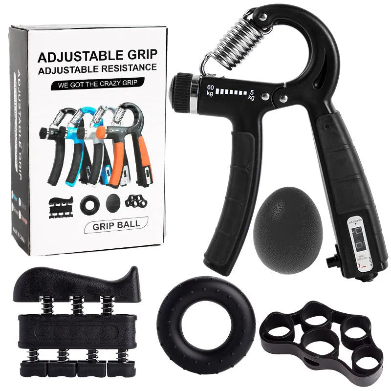 Adjustable count spring grip five-piece set with counting grip, piano grip, five finger trainer, silicone hand grip, and TPE egg ball in black