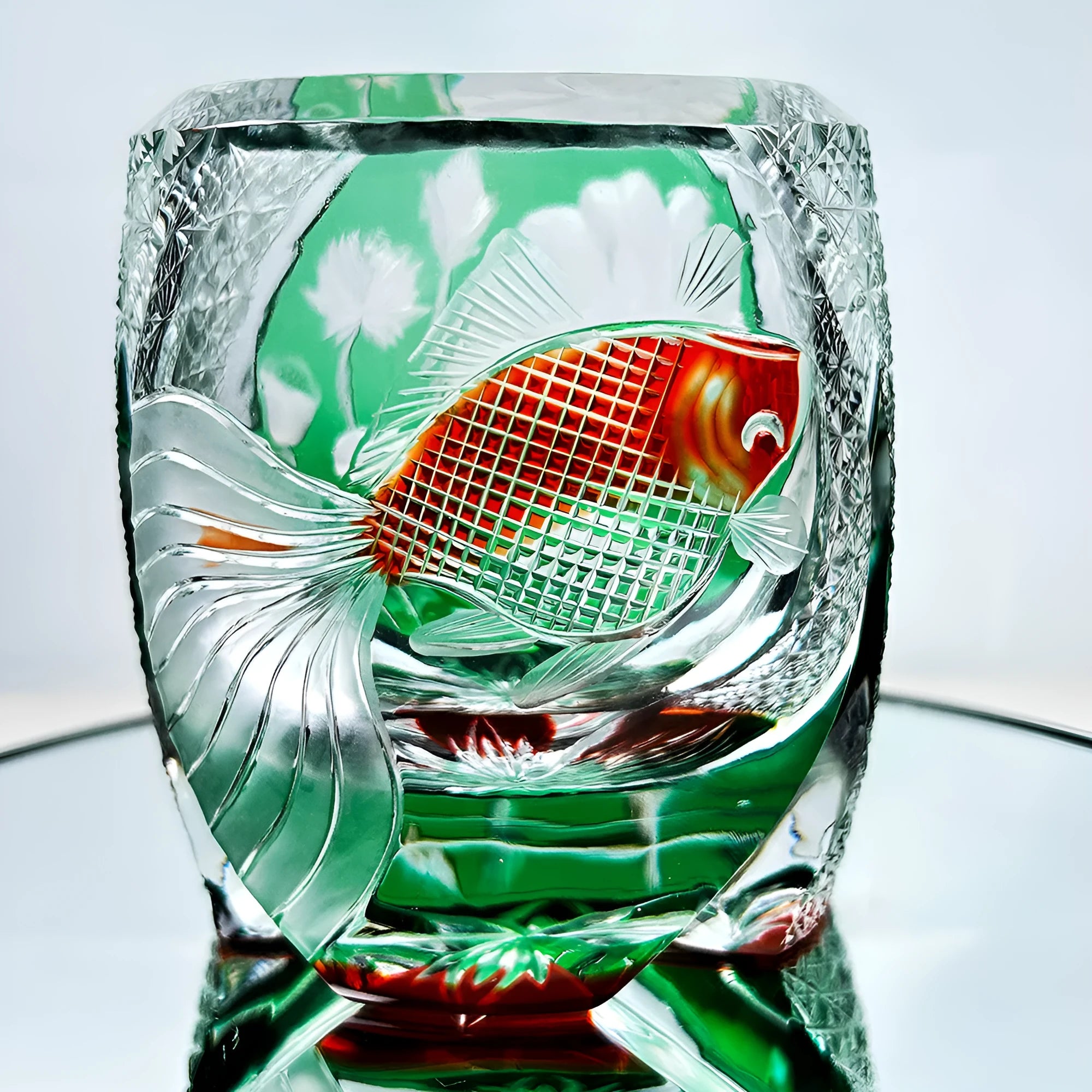 Edo crystal glass whiskey shot glass with carved cylindrical pattern in assorted yellow green
