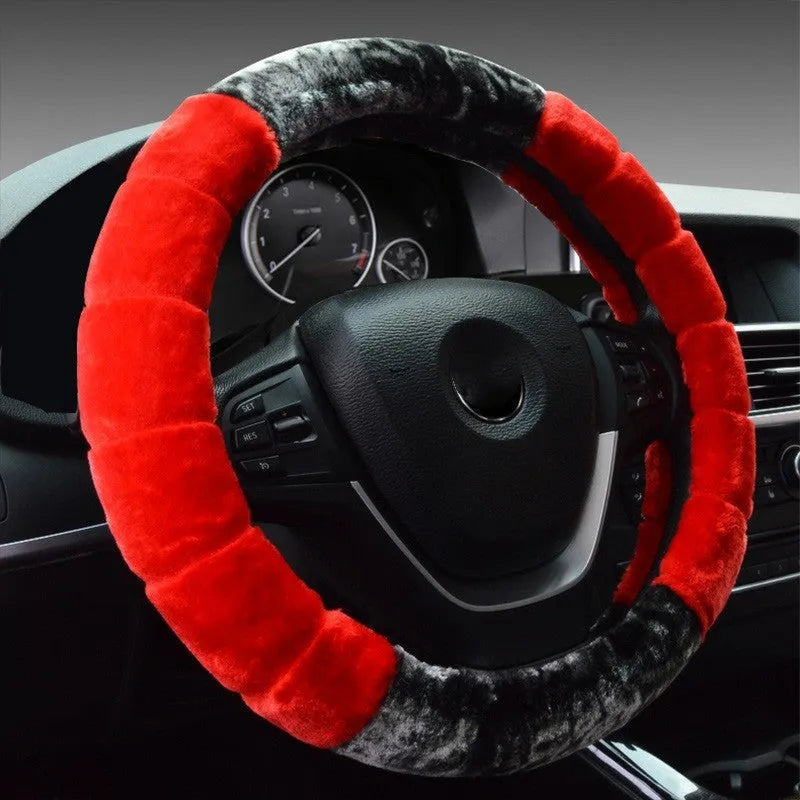 Short plush steering wheel cover for winter, universal fit 38cm, bamboo beige colour