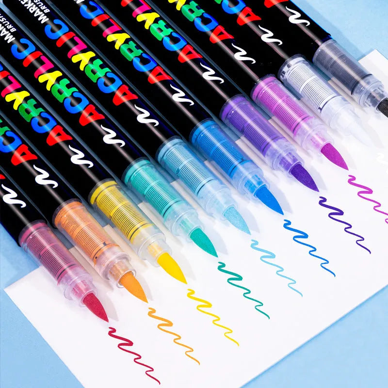 Set of straight liquid acrylic paint marker pens with soft brush tips in multiple colours