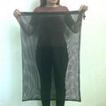 Black mesh drawstring storage bag for water ball toys, shown in three size options.