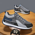 Men's grey and green mesh running shoes with lace-up closure and round toe