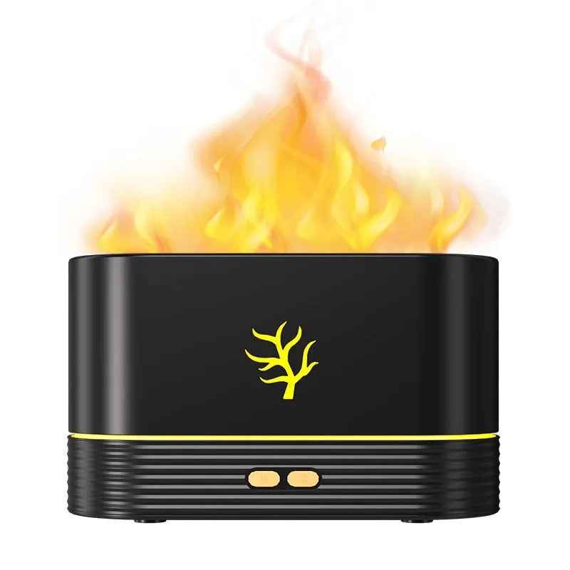 White USB flame humidifier with LED fire effect and square design on a wooden table