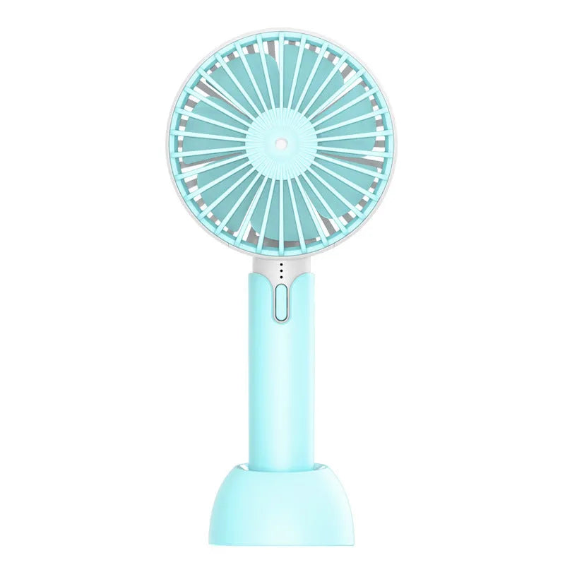 Blue handheld mini USB electric fan with three speed buttons and a shaking head.