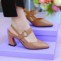 Women's closed toe leather sandals with a chunky heel and back strap in apricot colour