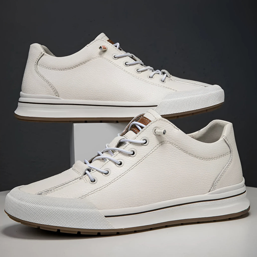 Men's matte leather casual shoes in white and black with 6CM flat heel and round toe design