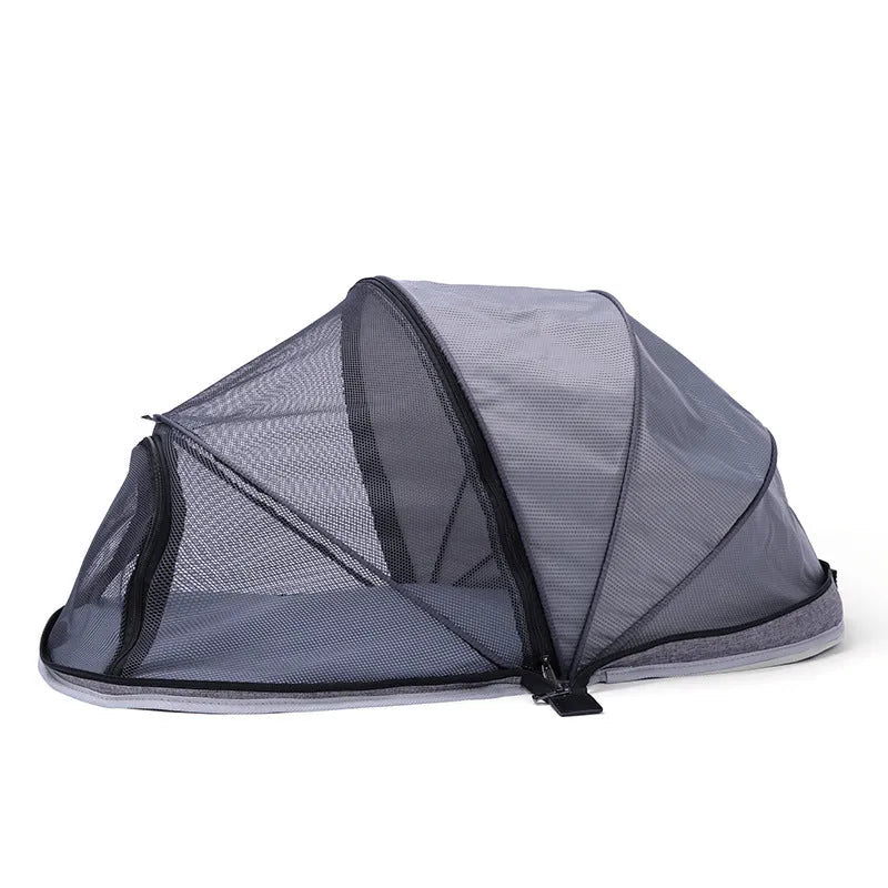 Black half mesh cat folding tent in collapsed position showing cloth and mesh sections