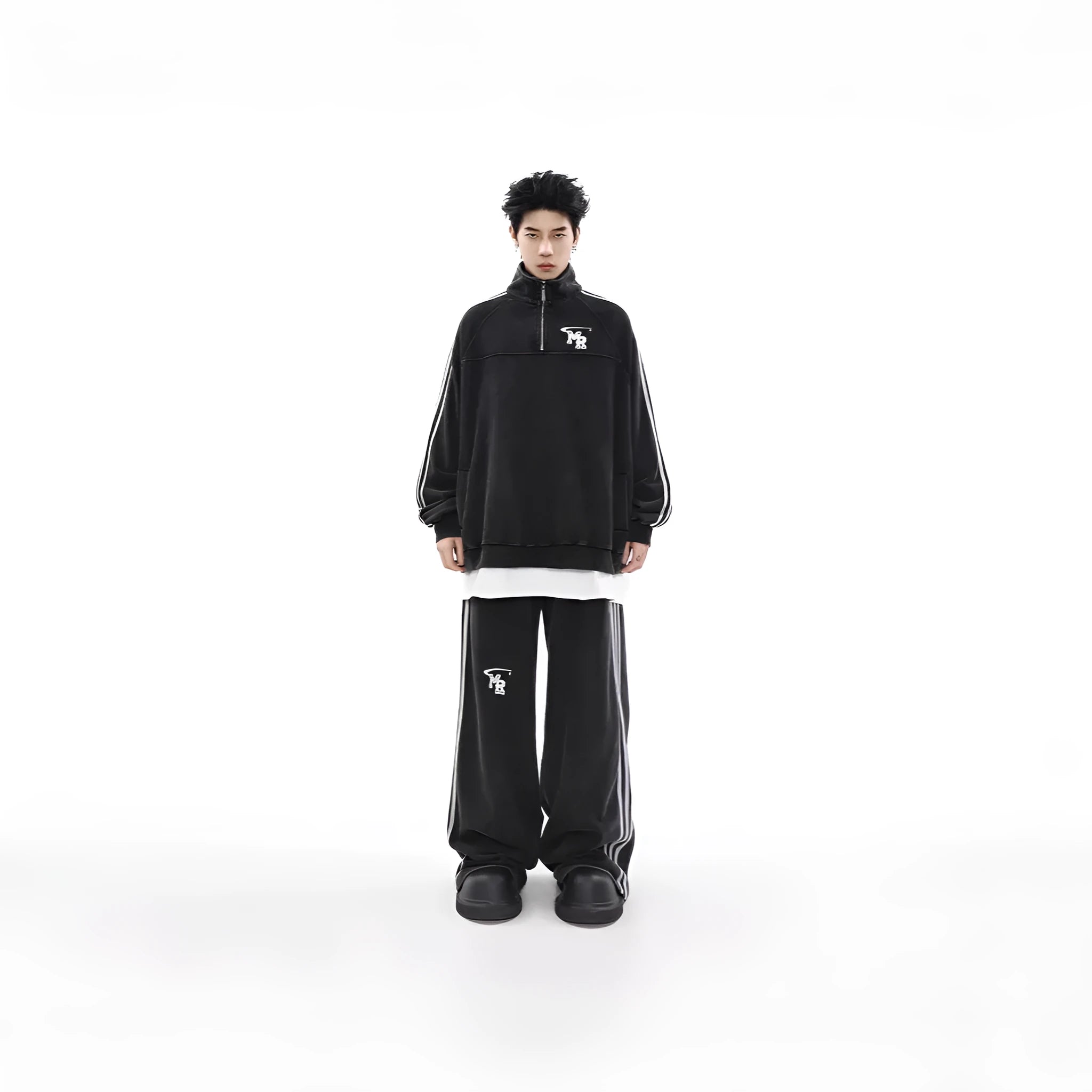 Men's black Hong Kong style polyester hoodie sweater with stand collar and long sleeves