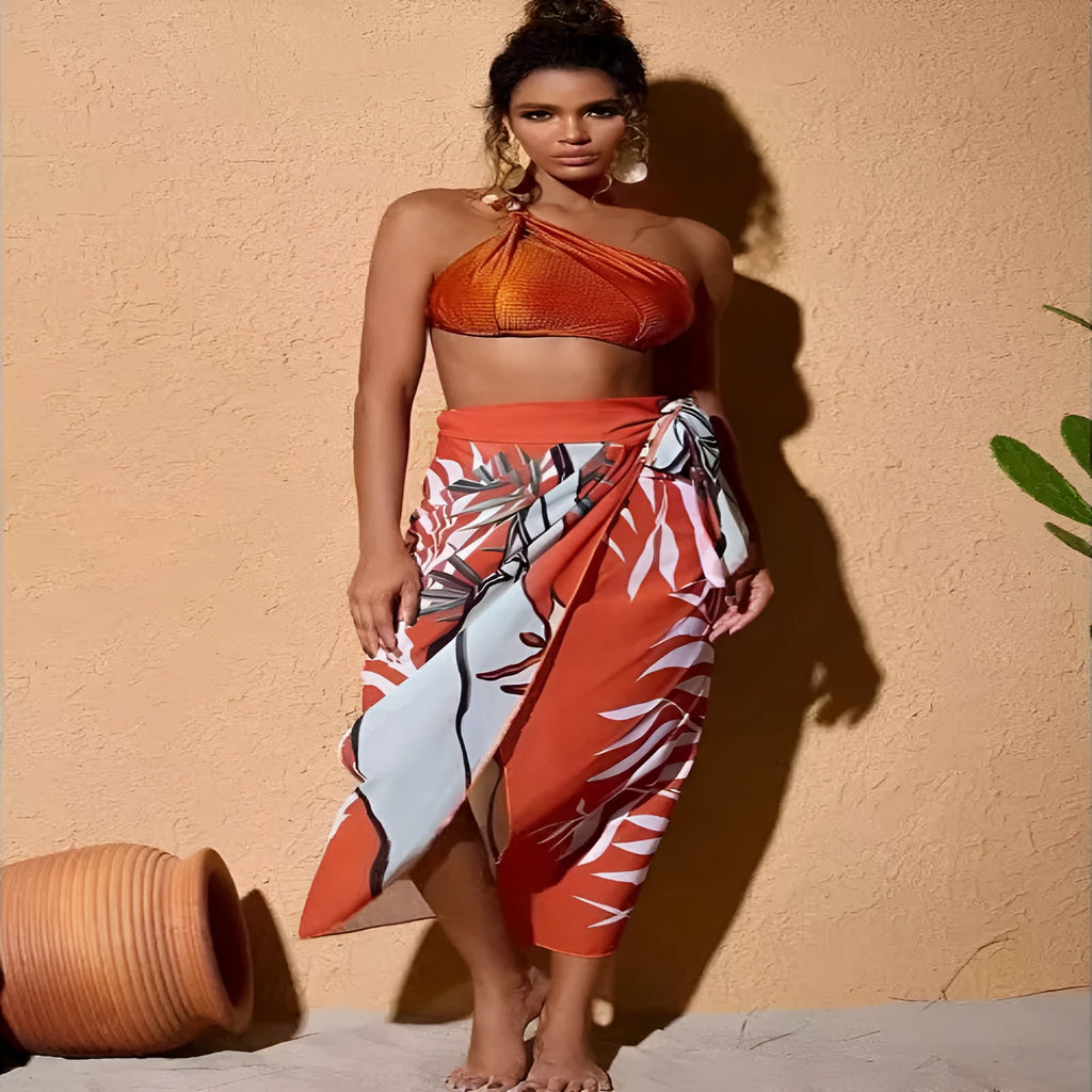 Women's high waist push up bikini swimsuit with chiffon dress in black, brown or green colour options
