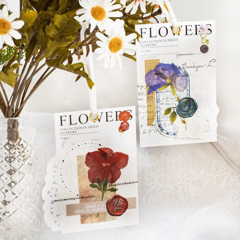 Dried flower journal sticker set with 40 PET sheets in 8 styles including rose nebula and starry night blue designs