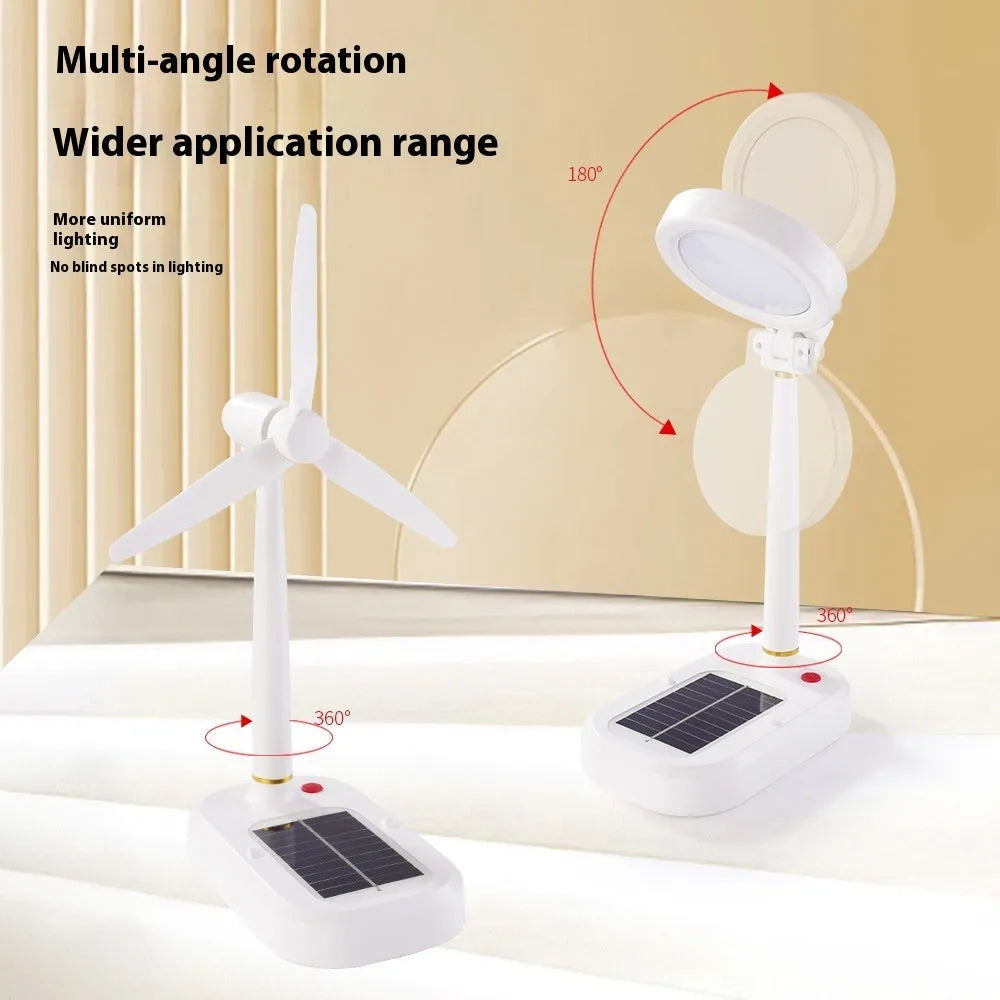 Ivory white solar-powered table fan and LED study lamp with Type-C charging port