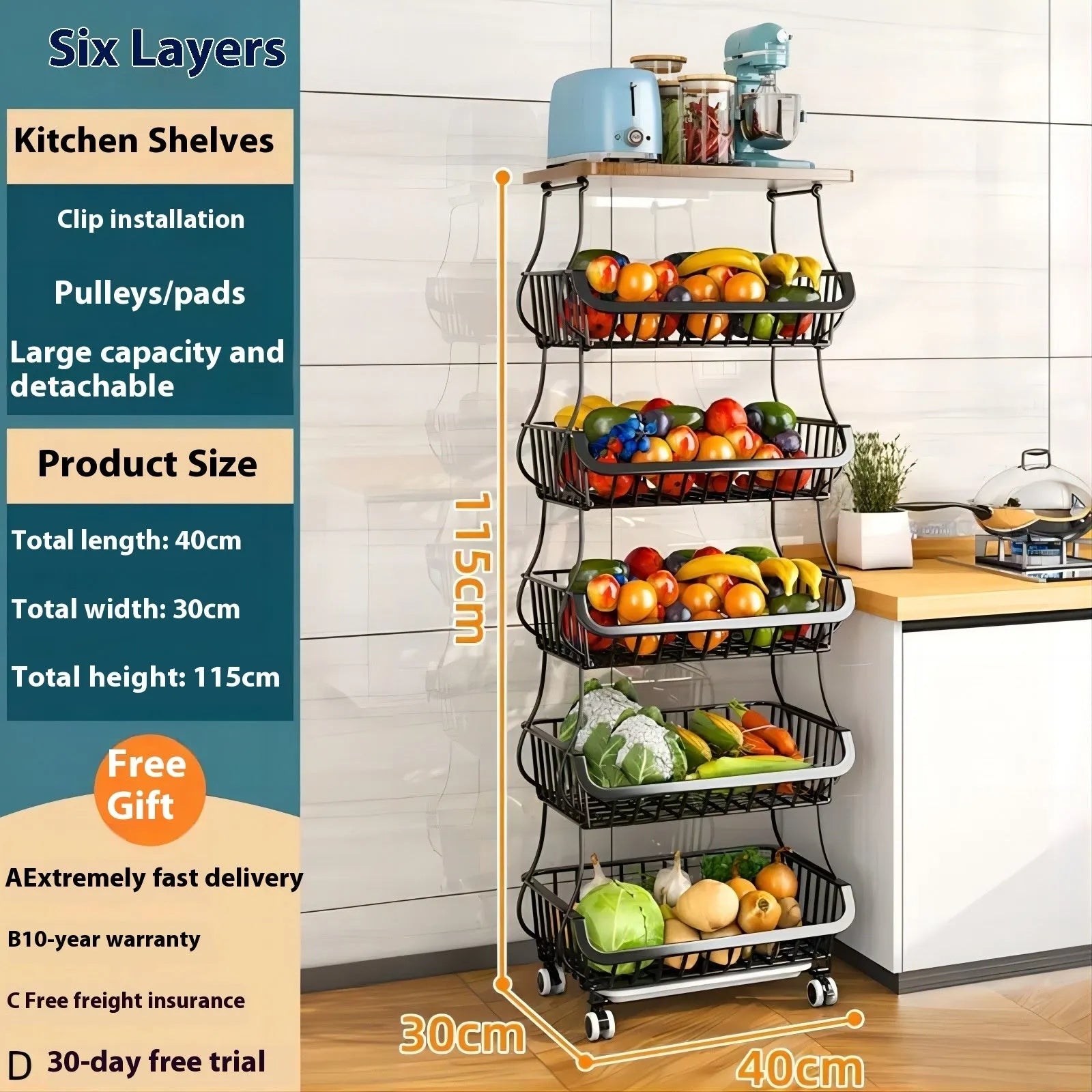 Black six-layer freestanding kitchen storage trolley with foldable carbon steel frame
