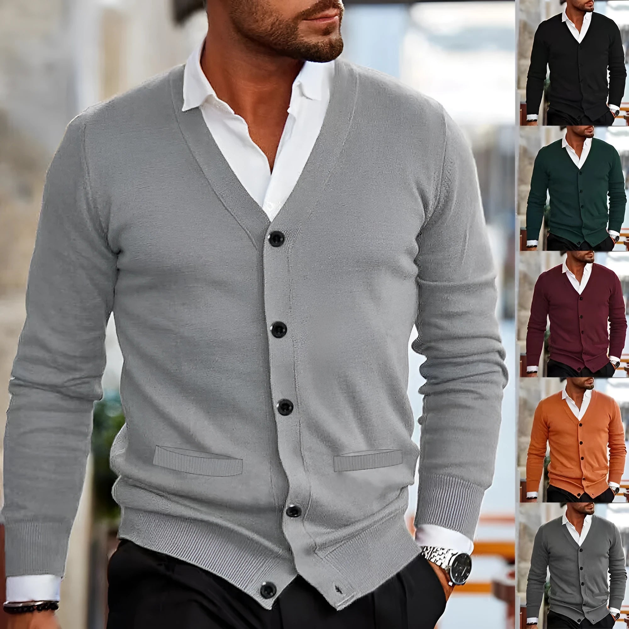 Men's slim fit acrylic cardigan in light grey shown on a model, featuring long sleeves and a button front.