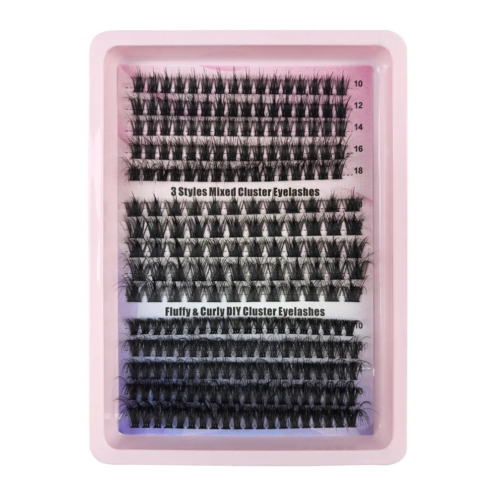 Mixed box of false eyelashes showing five different style specifications for a messy look.