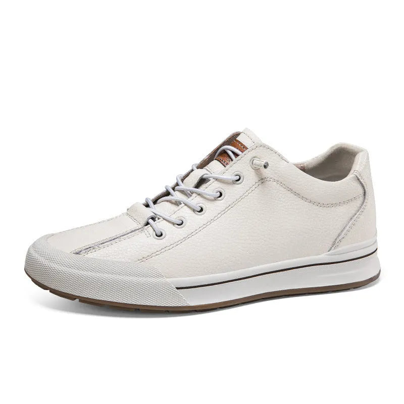 Men's matte leather casual shoes in white and black with 6CM flat heel and round toe design