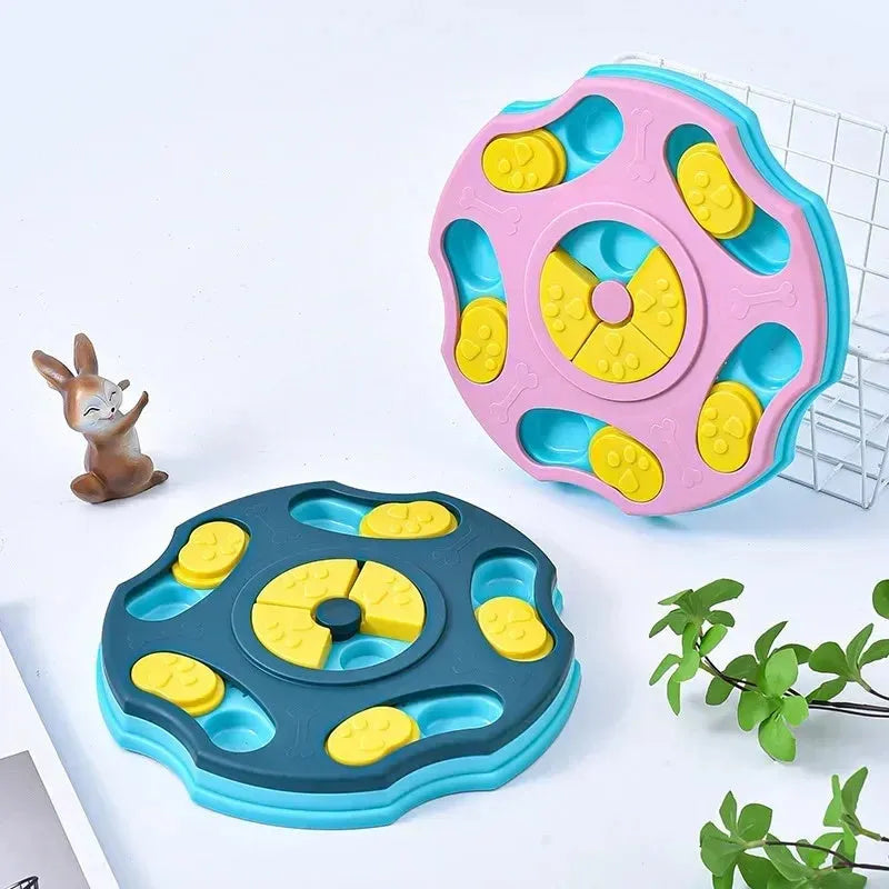 Blue and pink dog puzzle feeder toy for aggressive chewers, a food-searching interactive game.