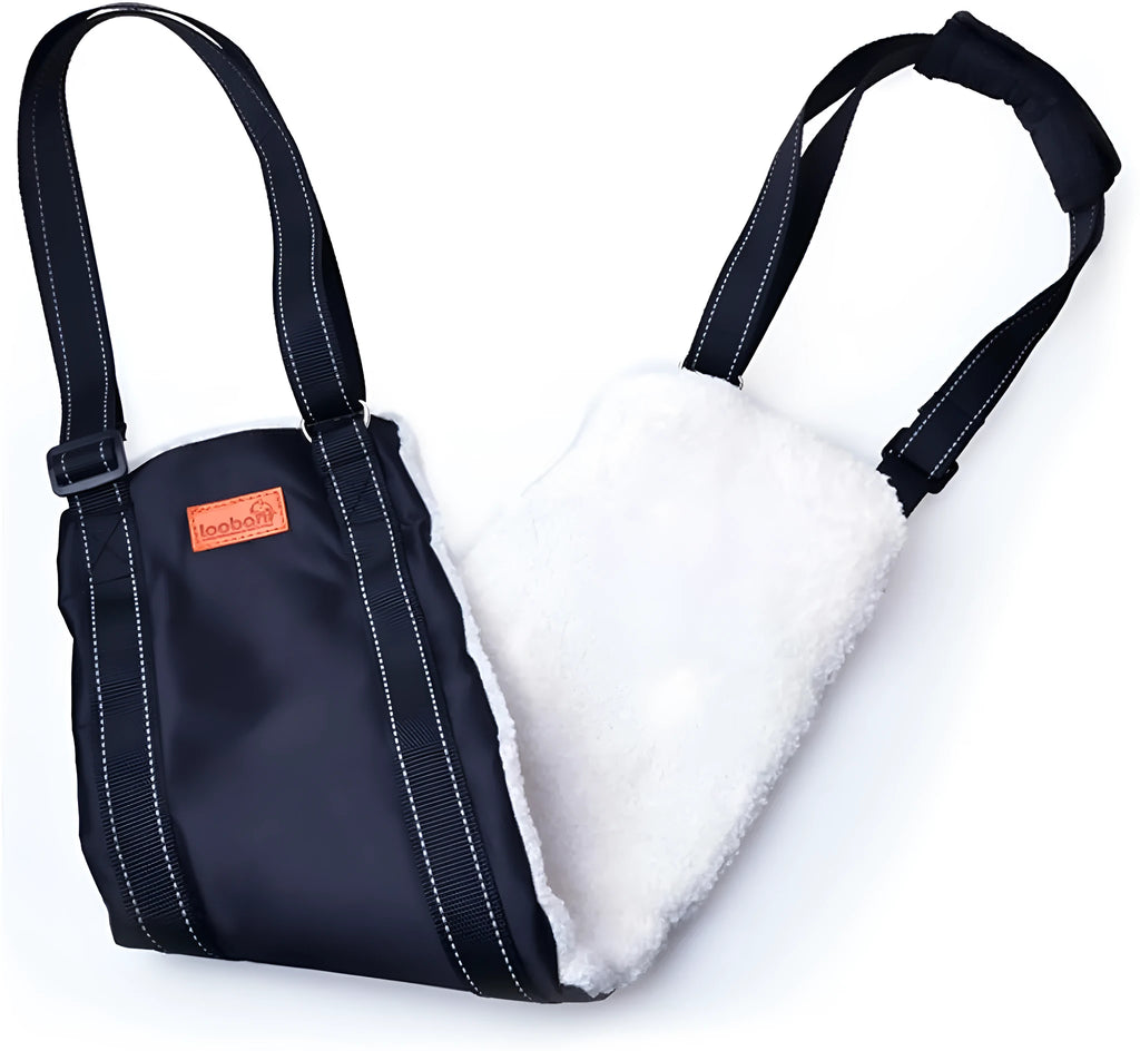 Adjustable dog sling with padded liner supporting a dog's hindquarters, showing reflective straps and a handle.