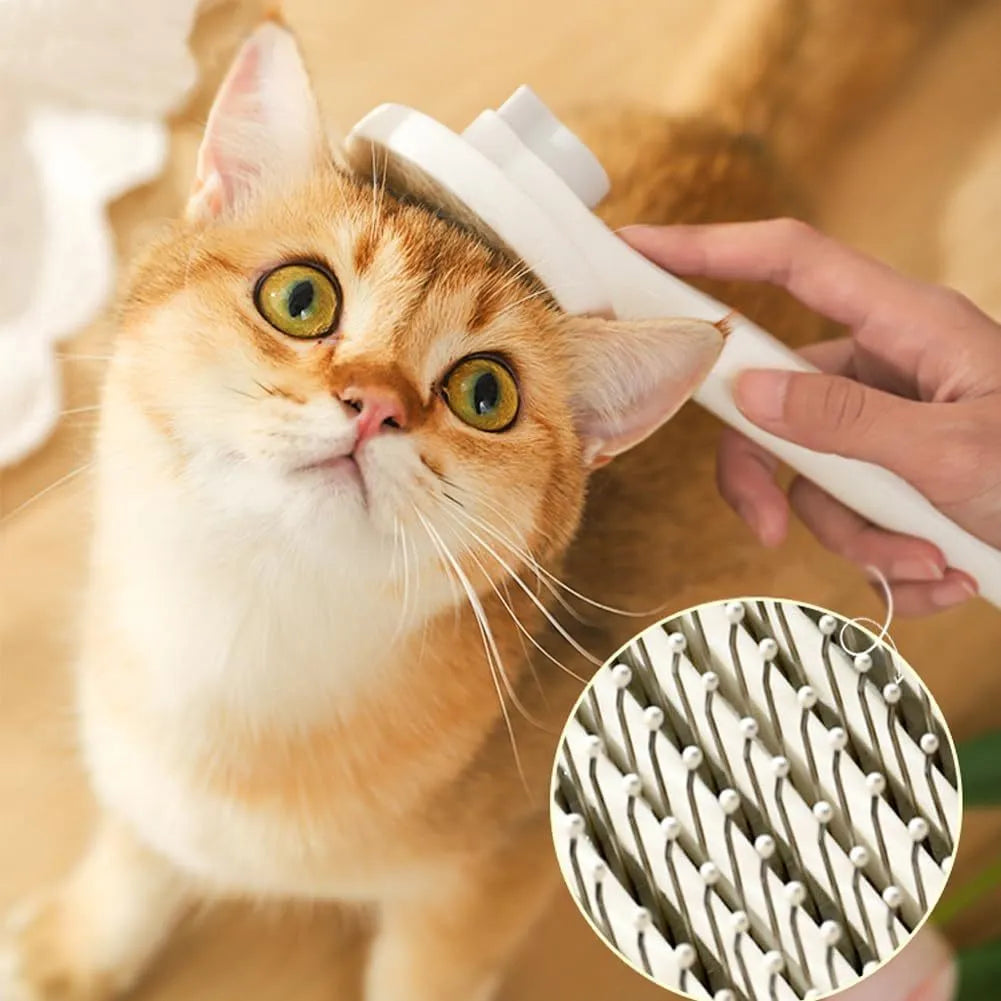 Self-cleaning cat brush with one-touch button for fur removal, available in blue grey pink colours