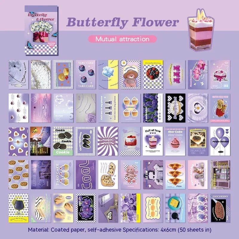 American retro cartoon sticker book open showing 4x6cm sheets in black, pink, blue, green, purple, and yellow colours.