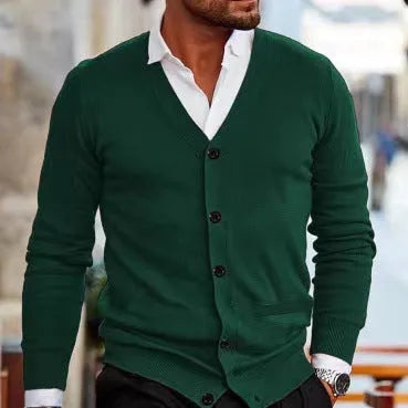 Men's slim fit acrylic cardigan in light grey shown on a model, featuring long sleeves and a button front.