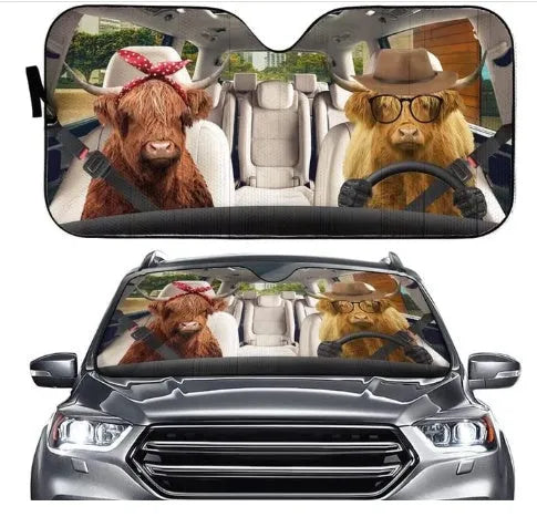 Aluminium foil car sun shield with a telescopic frame extended, designed for the front windshield.