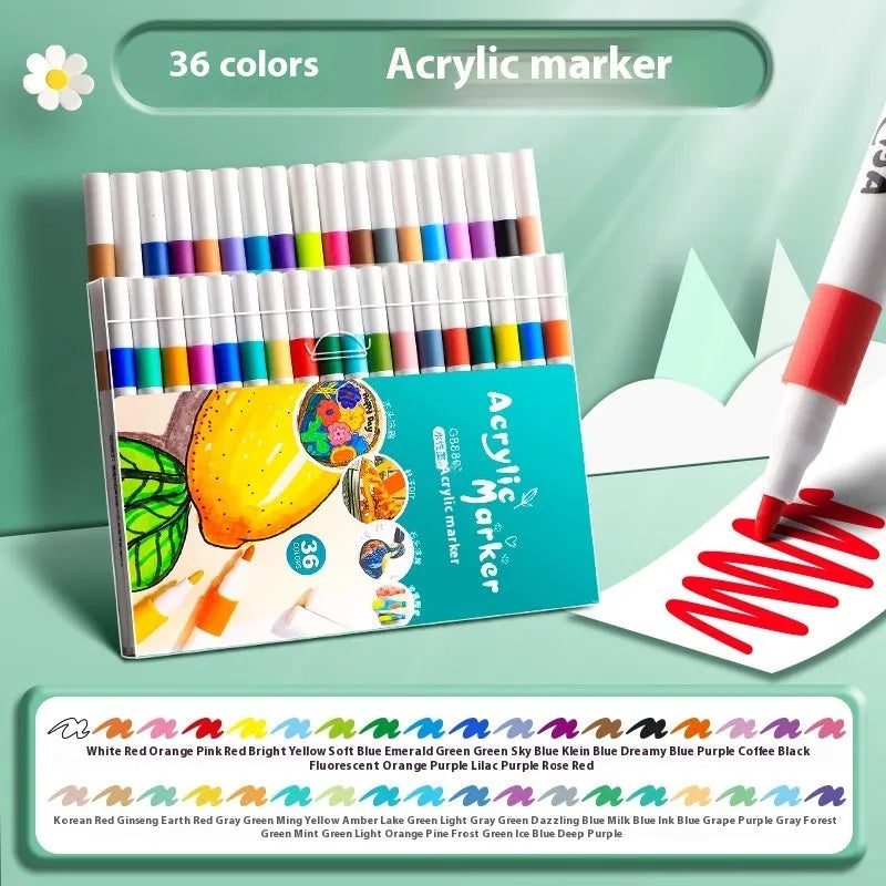 Box of acrylic marker pens for student painting with true colour pigments in multicolour assortment