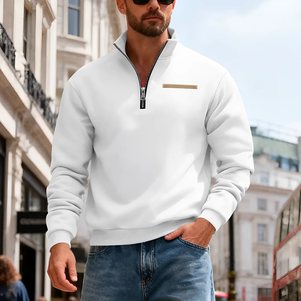Men's loose fit sport sweatshirt with stand collar and contrast stripes in army green colour