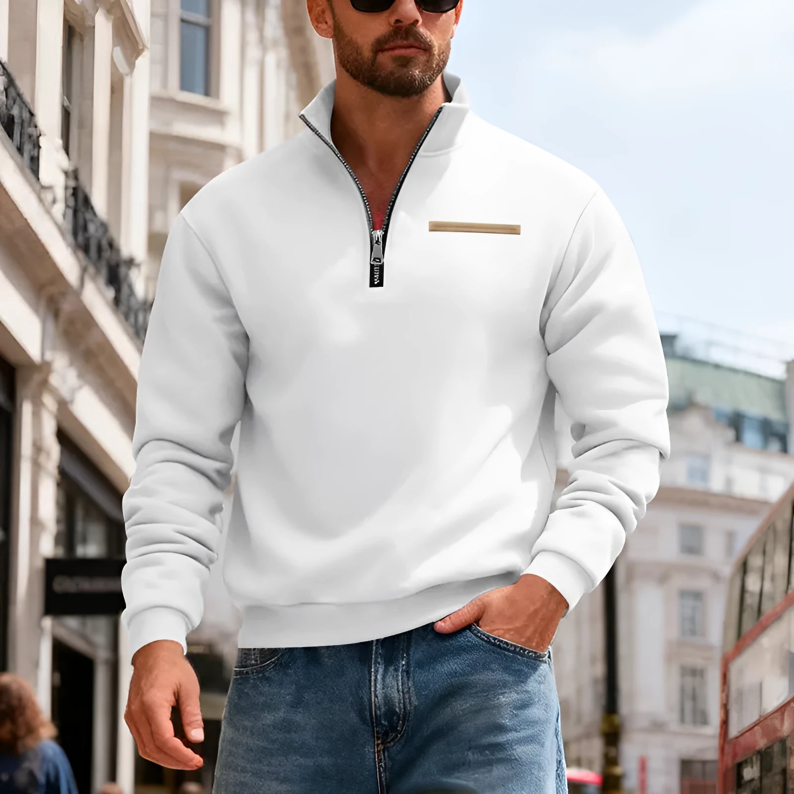 Men's loose fit sport sweatshirt with stand collar and contrast stripes in army green colour