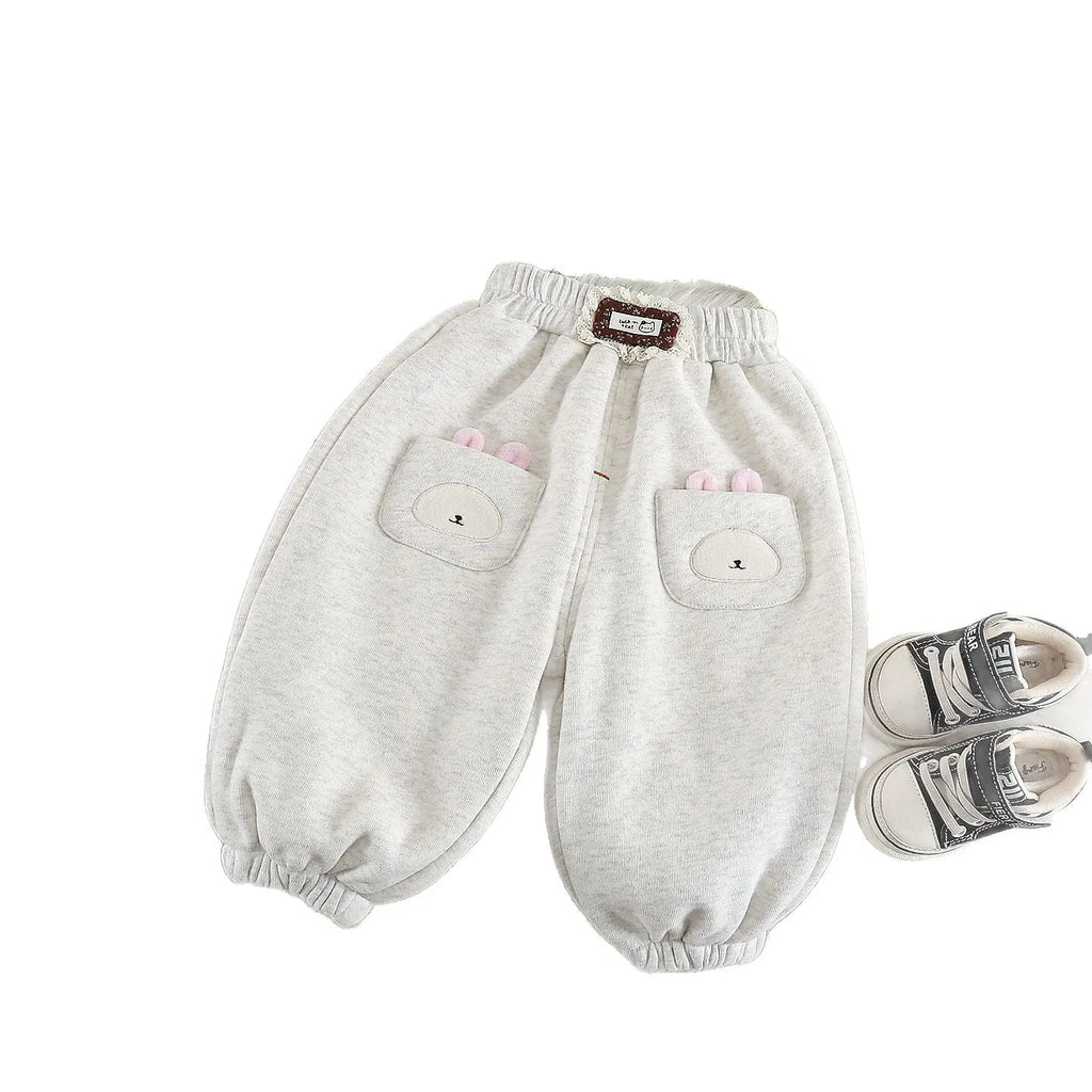 Girls trousers autumn winter cotton composite Korean style cute sportswear for toddlers 80-120cm Gray and Pink