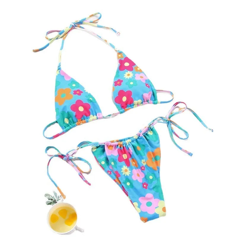 Women's polka dot print split swimsuit bikini with triangle briefs and V-neck design
