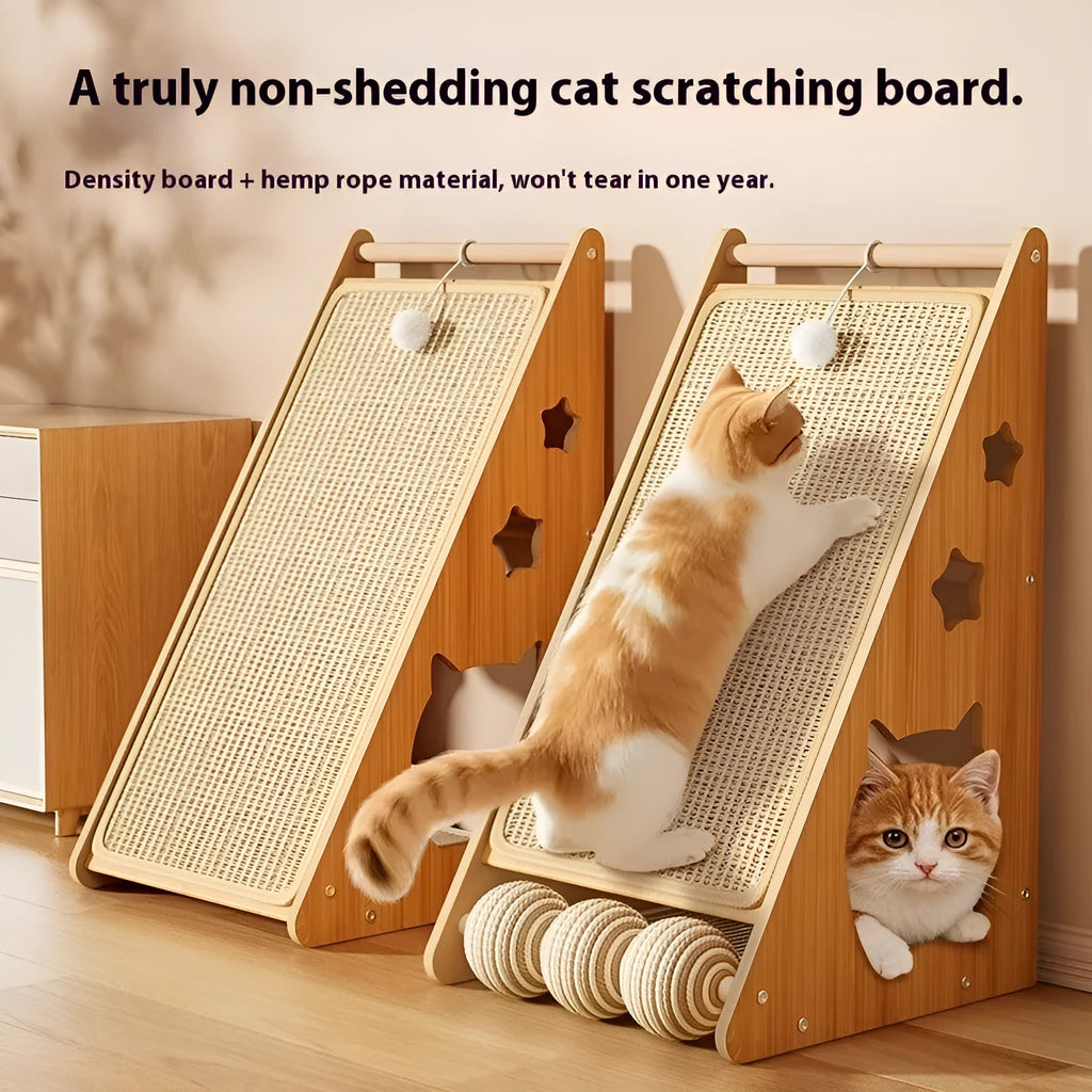 Vertical wall-mounted cat scratch board with sisal surface and hemp rope wrapped ball centre