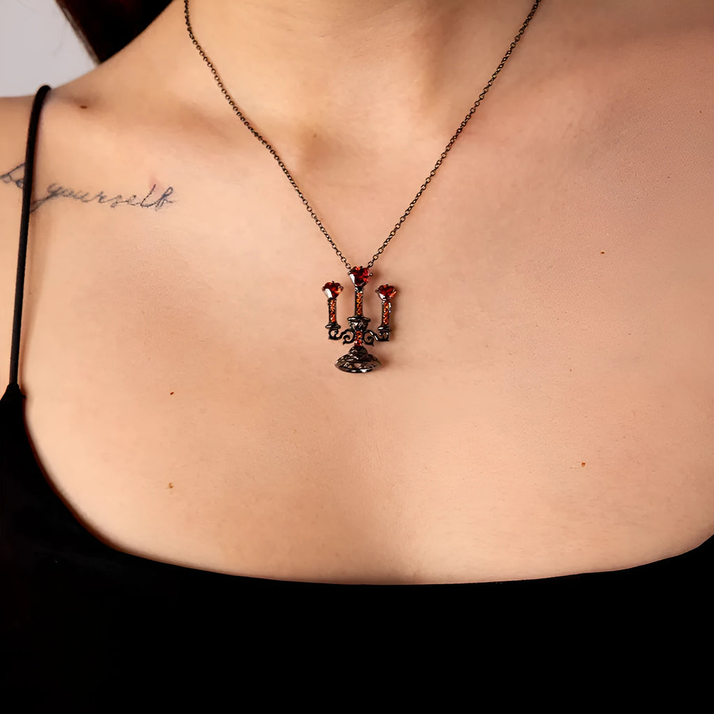 Gothic clavicle necklace with hollow candlestick pendant and cross chain in retro candlestick colour