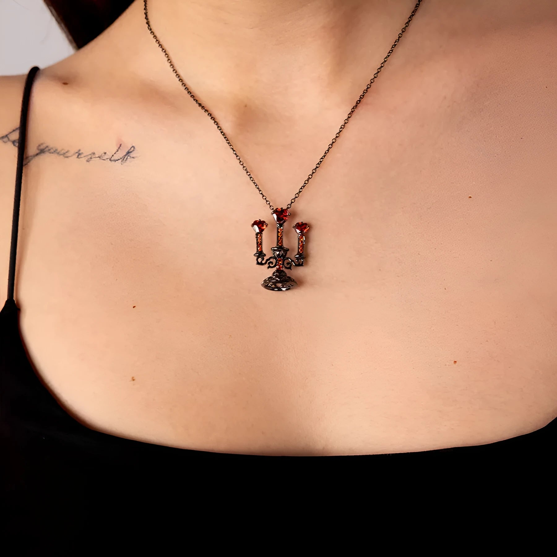Gothic clavicle necklace with hollow candlestick pendant and cross chain in retro candlestick colour