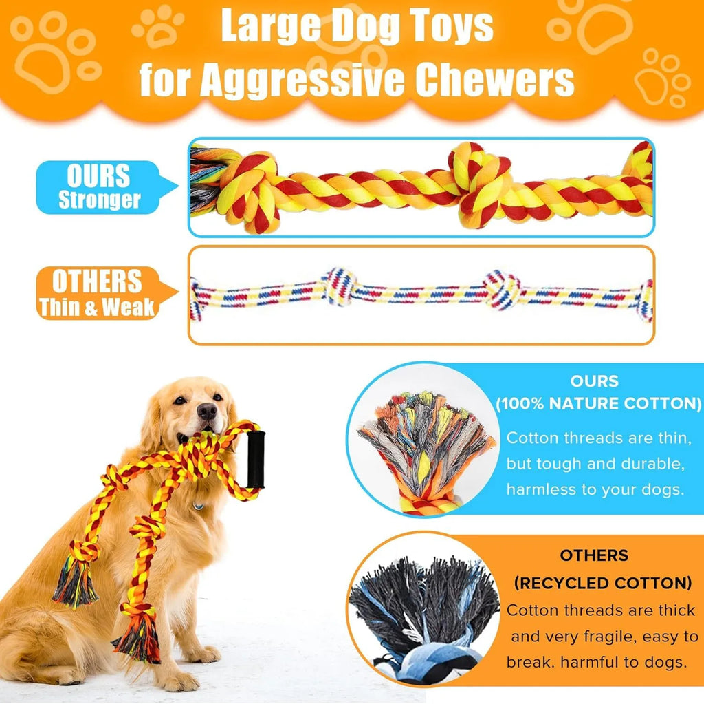 Blue and yellow cotton rope dog tug toy for large breed aggressive chewers with ergonomic handle