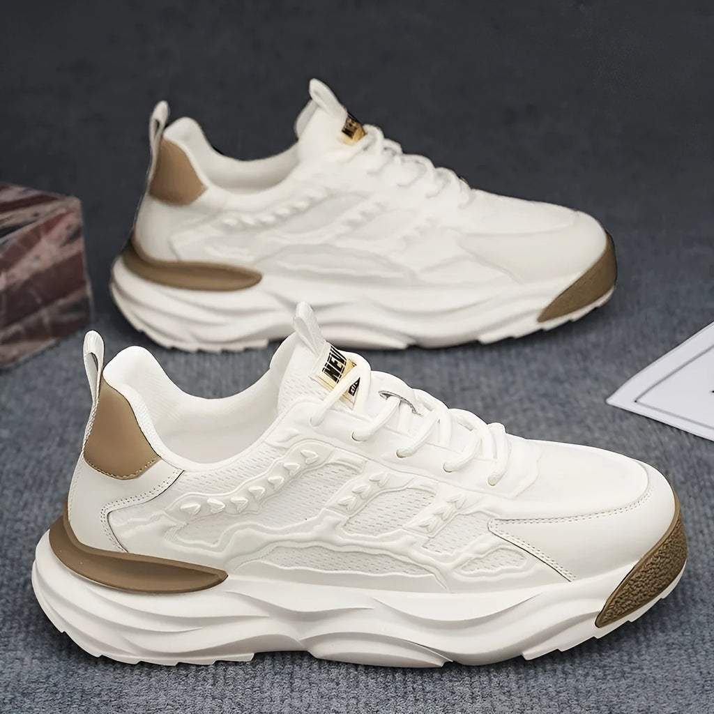 Men's white and black breathable mesh shoes with PU mesh upper and round toe design