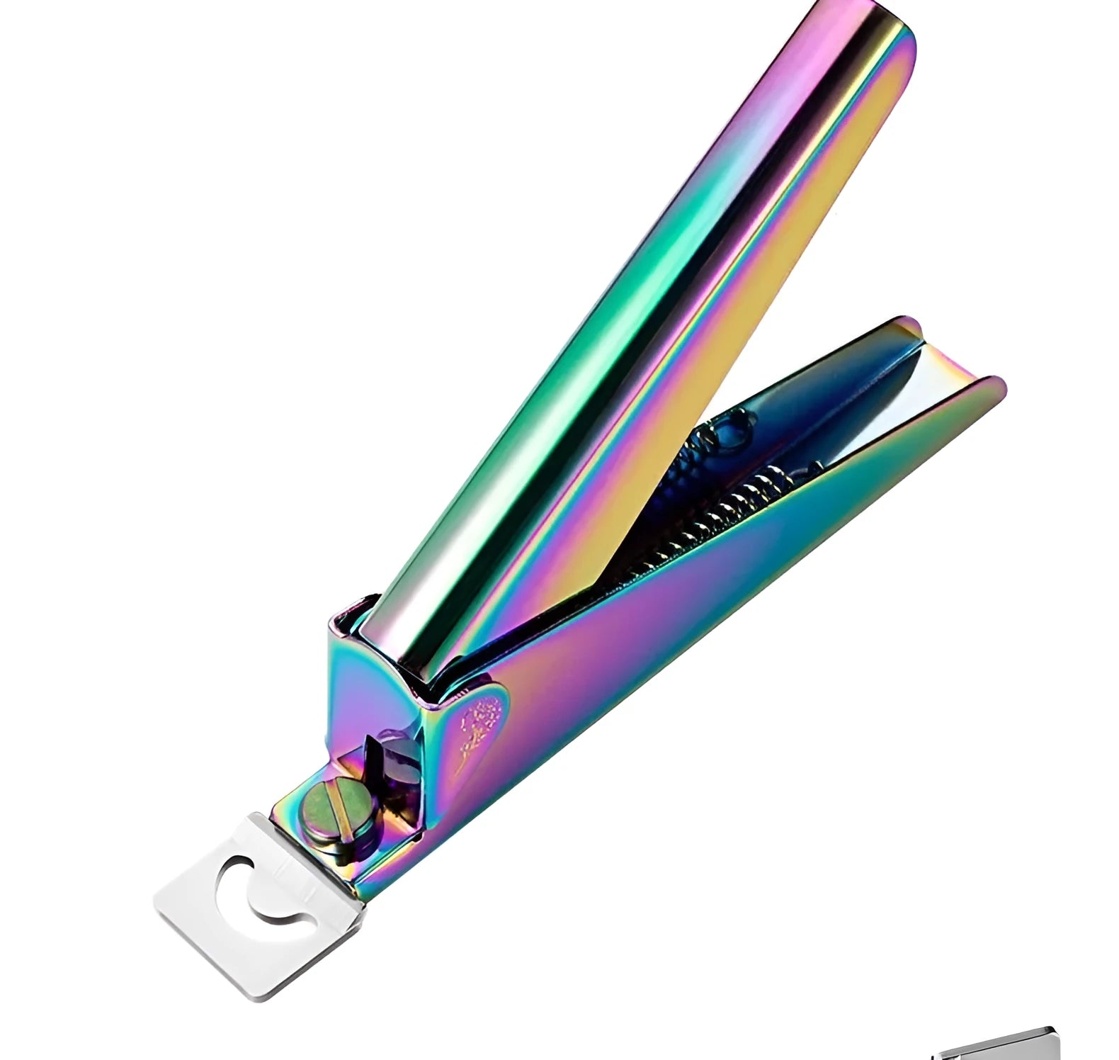 Stainless steel nail art tool set with rainbow, gold, and silver trimmer, clipper, and edge cutter