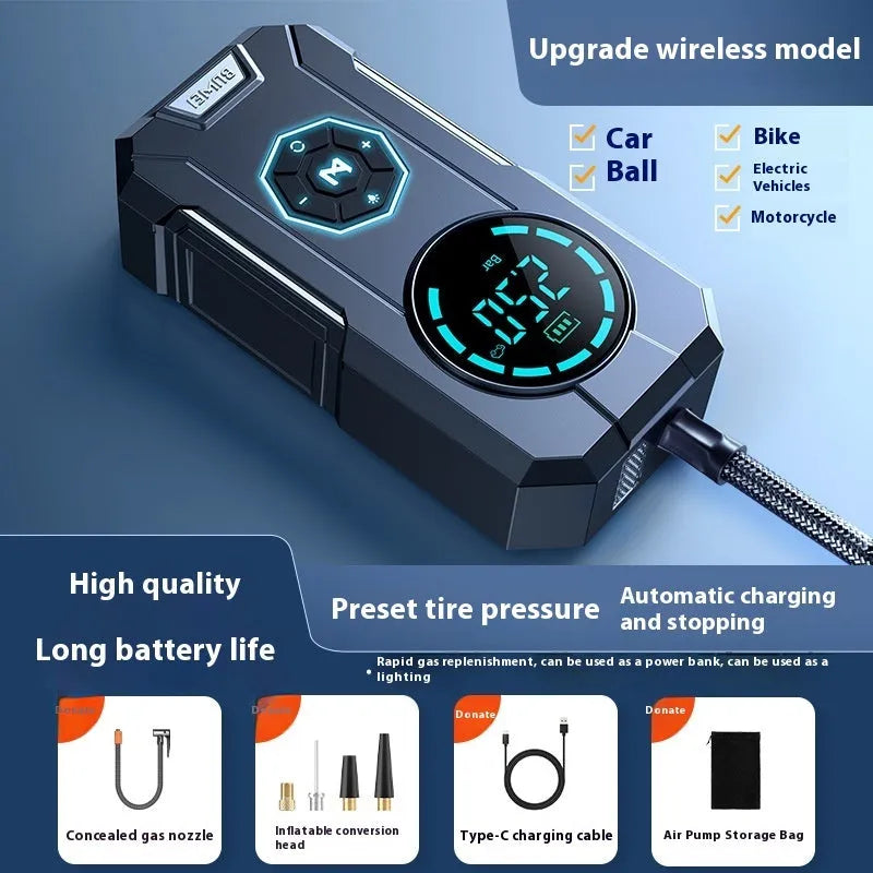 Car wireless portable air inflator with 80W power, ABS elastic paint finish, lighting, and USB charging