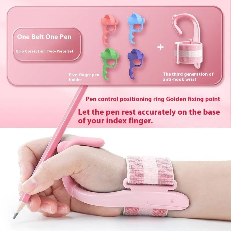 Blue Anti-hook Holder Pen Control Corrector, a wrist brace and pencil grip for children's handwriting.