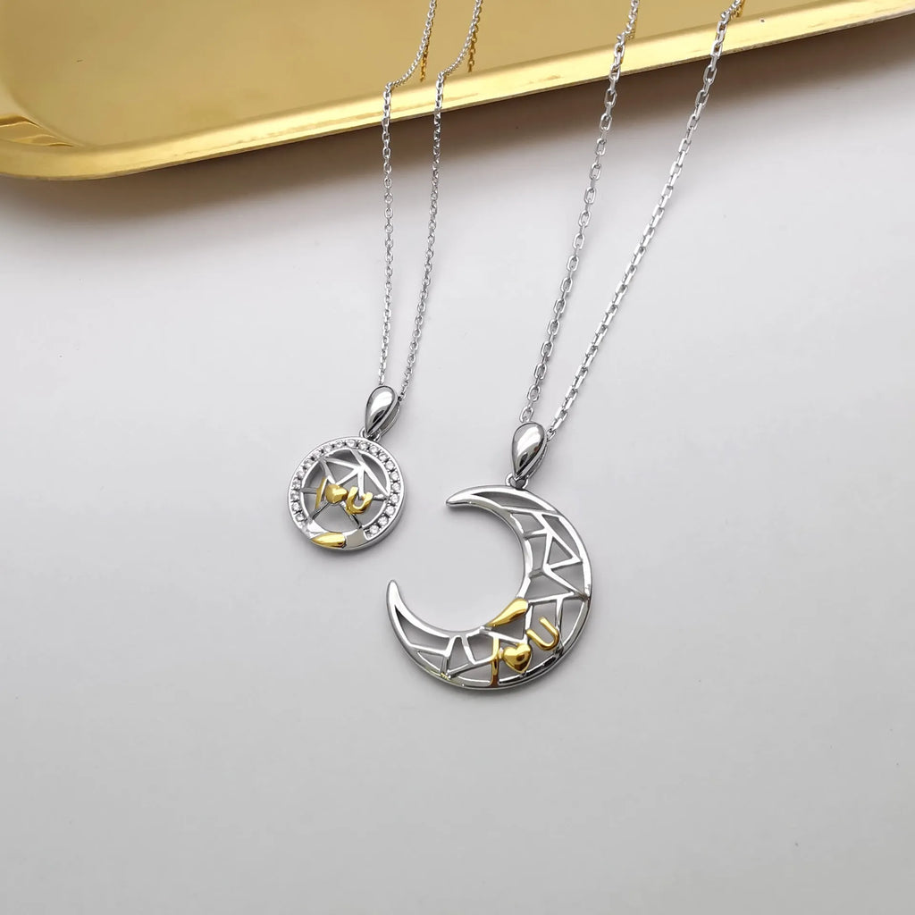 Sun and moon couple necklace with copper pendants on cross chain for matching jewellery