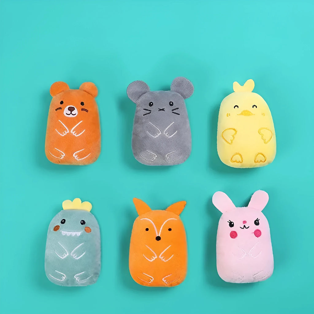 Colourful catnip plush chewing toy with claw and thumb textures for feline teeth grinding
