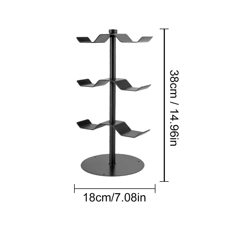 Metal e-sports headphone bracket in black with two layers on a gaming desk holding headphones