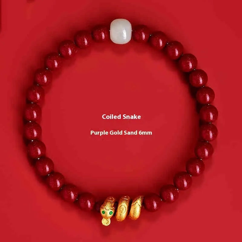 Handmade Chinese cinnabar Snake zodiac bracelet with roll snake beads in 6mm or 8mm sizes.
