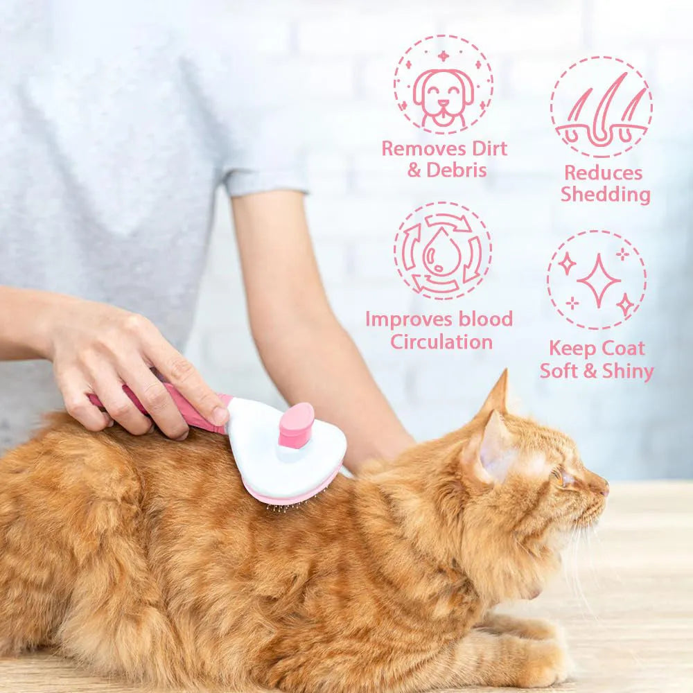 Blue cat grooming brush with release button for removing loose fur and tangles.