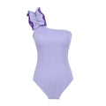 Women's single-shoulder suspender one-piece swimsuit in solid colour with high-waist design.