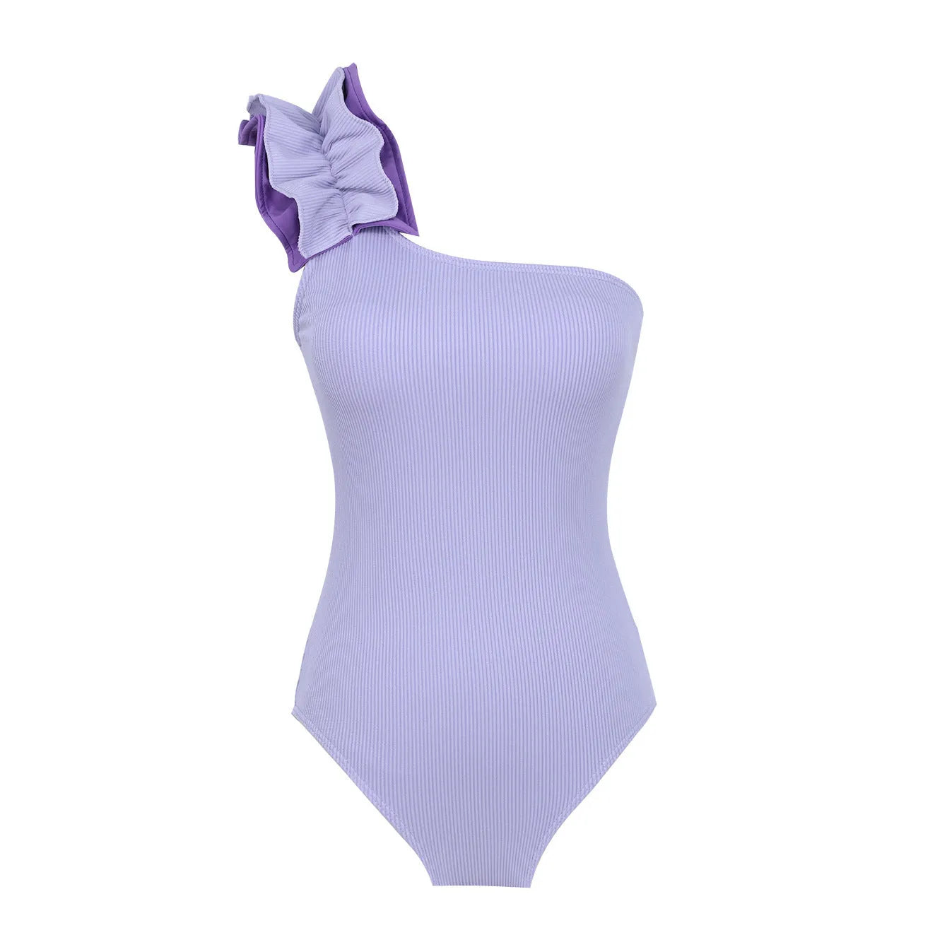 Women's single-shoulder suspender one-piece swimsuit in solid colour with high-waist design.